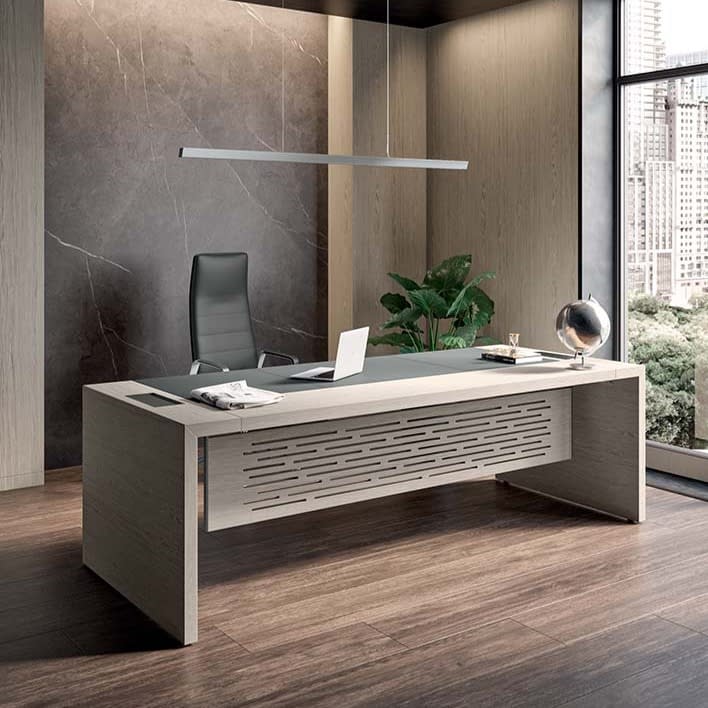 E-10 Wood Veneer Single Desk With Leather Inlay 